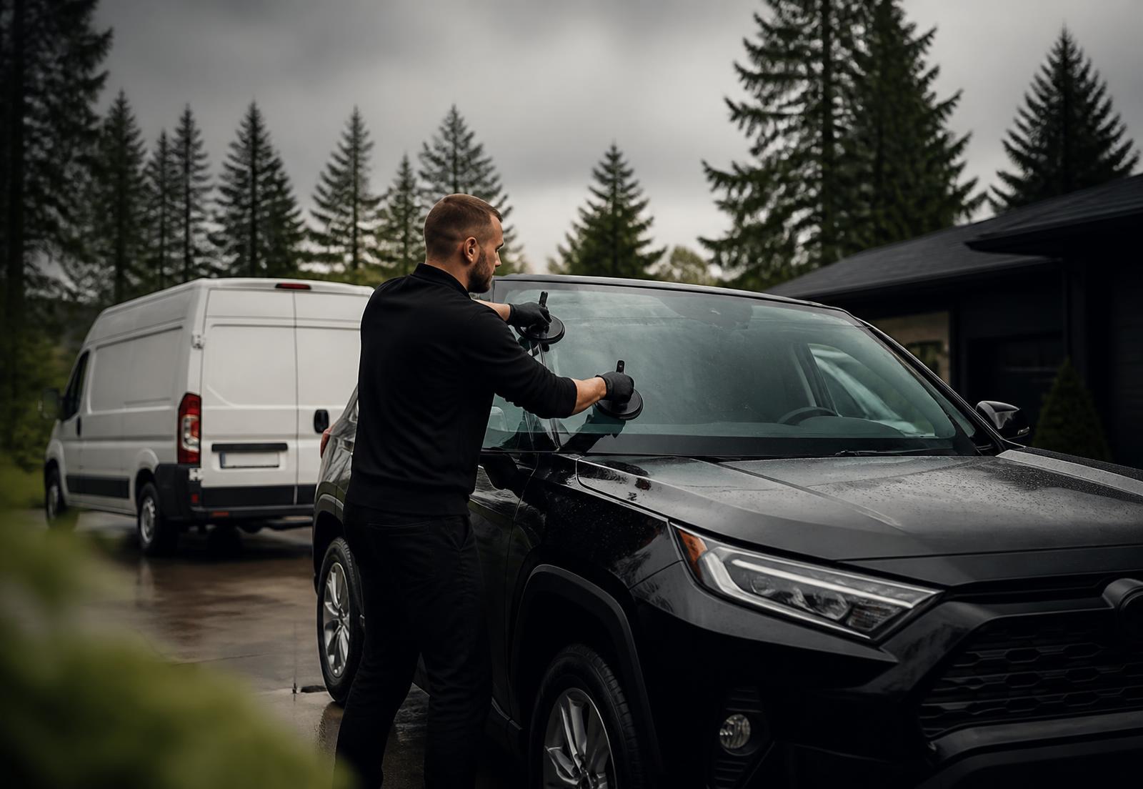 Mobile auto glass technician installing a windshield in a Tacoma driveway